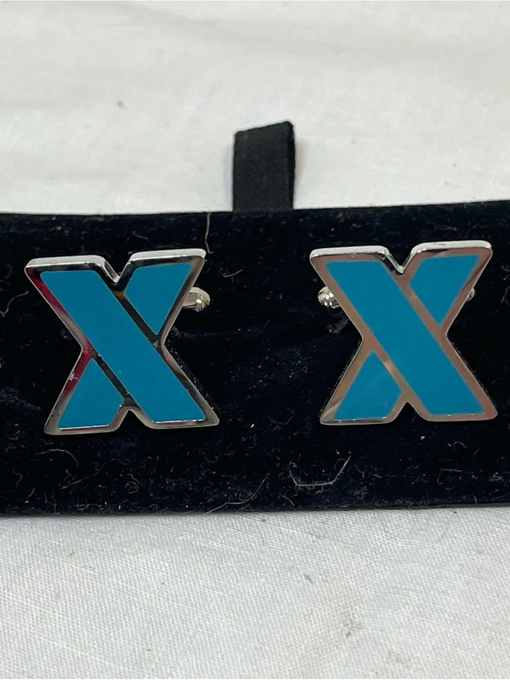 Modern Silver Tone Blue Enamel X-Shaped Cufflinks Set with Display Pad